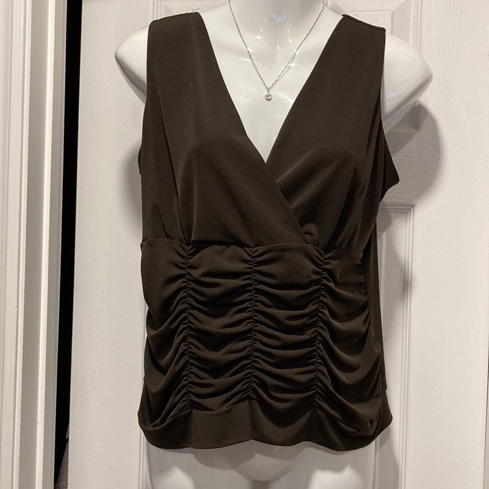 Proportion Petite Conrad C - Sleeveless Brown Crossover V Neck Top - Sz PM
